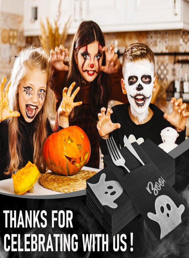 JarThenaAMCS مناديل ورقية سوداء لطيفة بتصميم شبح هالوين من JarThenaAMCS، 50 قطعة، مصنوعة من قماش الكتان الناعم، مزودة بجيب مدمج لأدوات المائدة. مثالية لحفلات أعياد الميلاد والهالوين. - Image 4